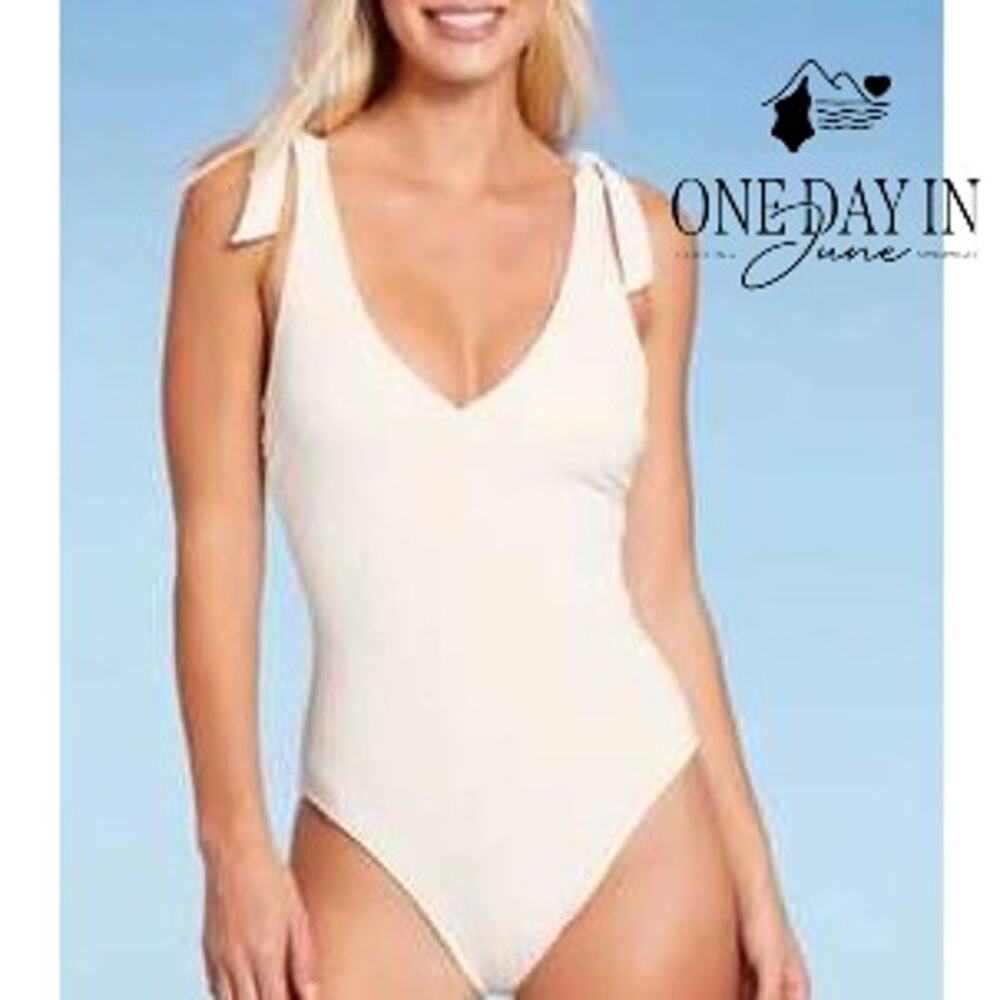 Shade & Shore Textured Tie Shoulder One Piece Swimsuit Size L